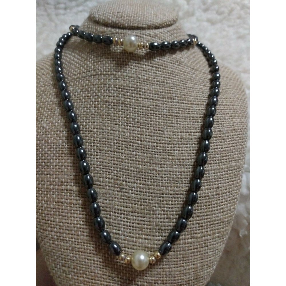 DEMI PARURE HEMATITE faux pearl BEADED JEWELRY SET